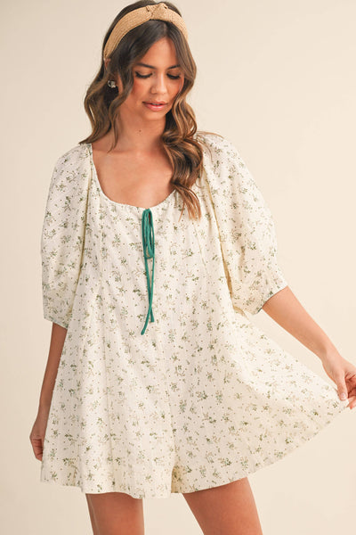 FLORAL SWISS DOT OVERSIZED PUFF SLEEVE ROMPER: CREAM/MINT