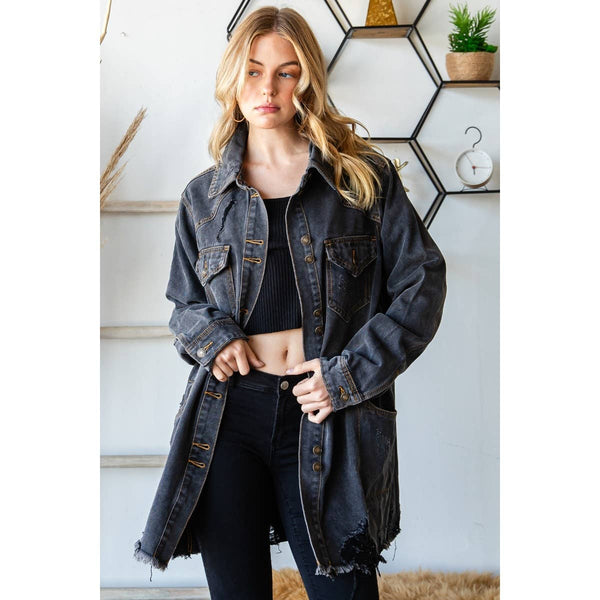 Distressed Denim Western Oversize Jacket: Black Wash