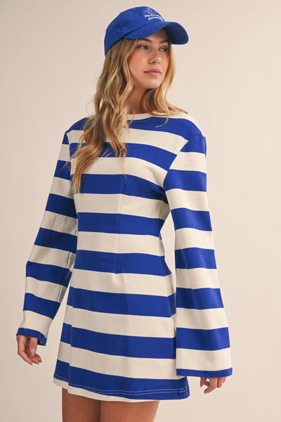 STRIPED LONG BELL SLEEVE MINI DRESS: ROYAL MULTI