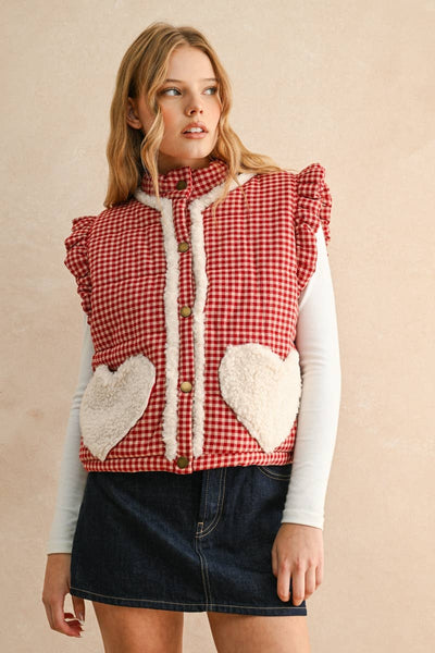 GINGHAM PATTERN SHERPA POCKET VEST: Red