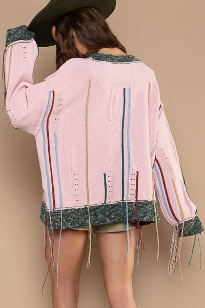 Contrast opening stitch pattern fringe pullover sweater