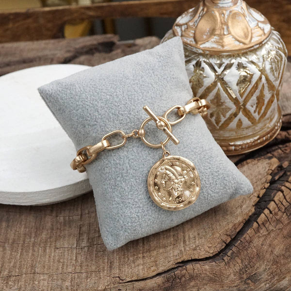 Urban Token – Cable Chain Toggle Bracelet with Coin Charm: Worn Silver Tone