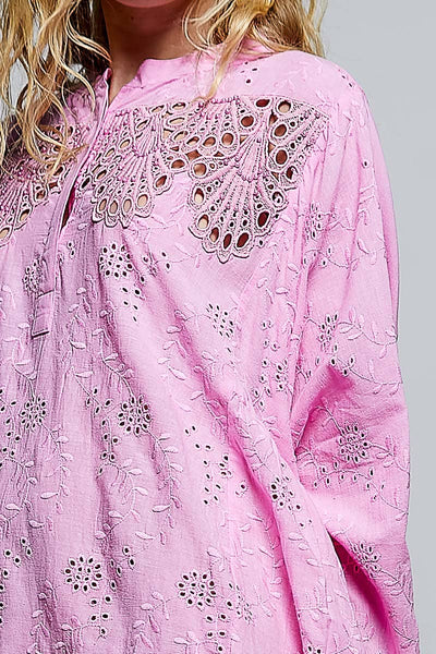 Half Button Embroidery Cotton Rommy Fit Dress: Pink