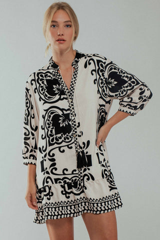 Floral Tassel Tie Tiered Dress: IVORY BLACK