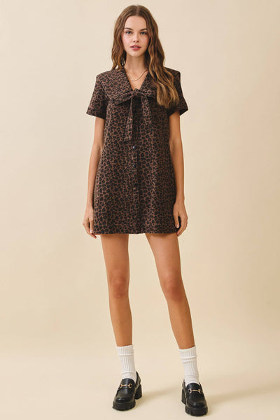Leopard Wash Oversized Sailor Collar Tied Dress: Brown