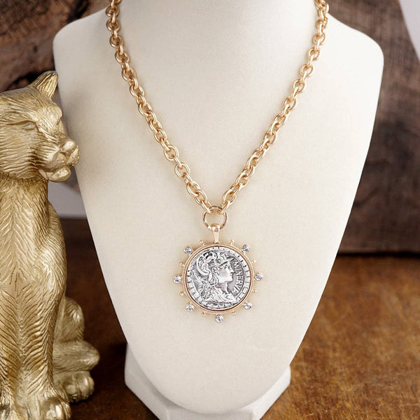 Radiant Relic – Coin Medallion Necklace with Crystal Halo: Gold Tone