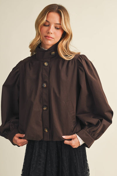 Funnel-Neck Puff-Sleeve Blouson Jacket: DK.BEIGE / S