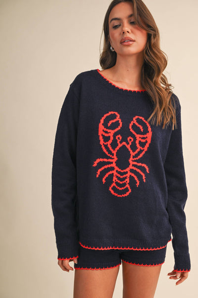 LOBSTER PRINTED KNIT TOP AND SHORTS SET: NAVY/RED