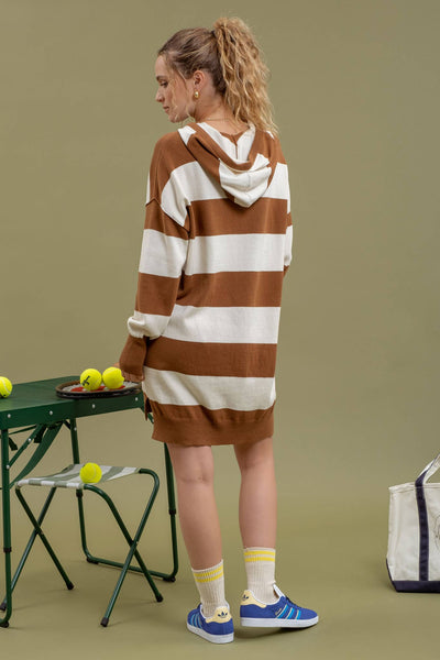 STRIPED DRAWSTRING HOODIE MINI KNIT DRESS: MOCHA
