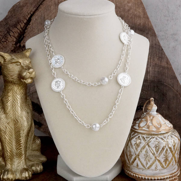 Starlit Relics – Coin & Crystal Drop Earrings: Worn Silver Tone