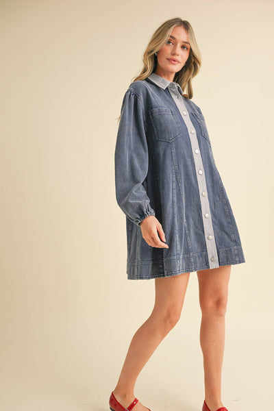 WASHED DENIM BUTTON DOWN FLARED MINI DRESS MDR3385: Indigo