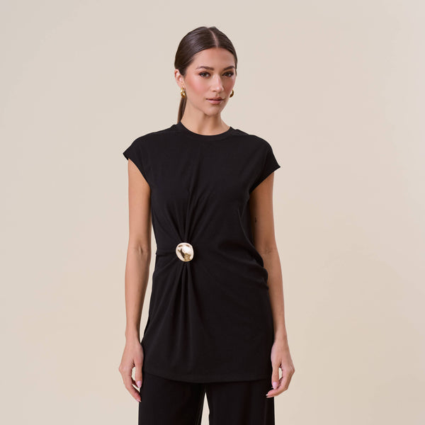 Gathered top & pants set with gold brooch: BLACK