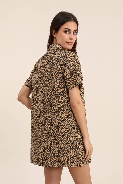 LEOPARD PRINT BUTTON DRESS: Camel