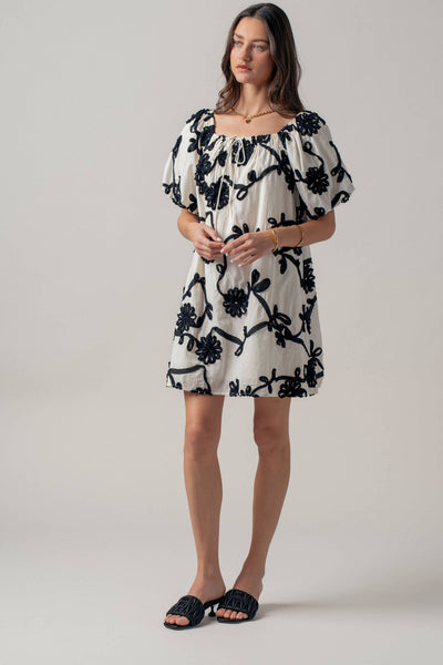 Floral Embroidery Off-Shoulder Puff Sleeve Mini Dres: IVORY / S-2/M-2/L-2