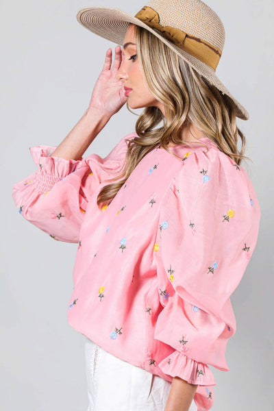 Floral Embroidered Long Puff Organza Blouse Top