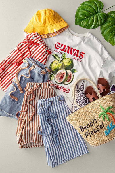 Striped High-Rise Denim Shorts: RED