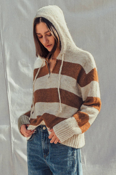 Striped Knit Hoodie – Half Zip, Relaxed Fit: IVORY CAMEL