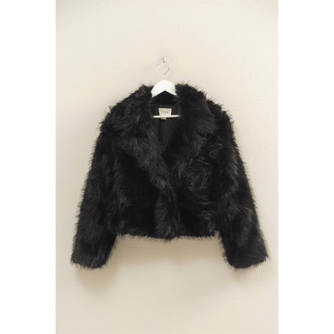 Shawl Collar Faux Fur Jacket: BLACK