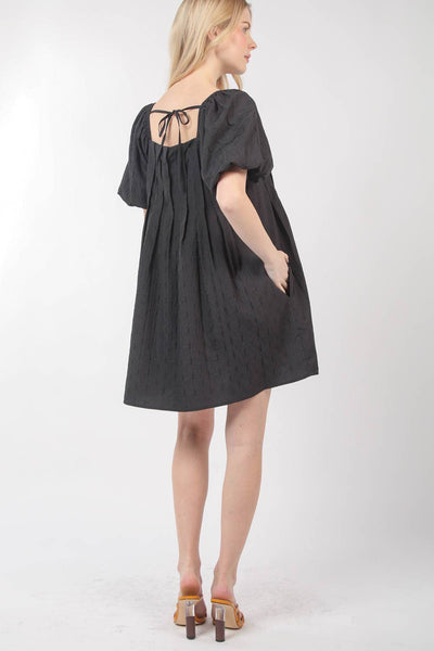 Puff Sleeve Pleated Spring Mini Dress: Black