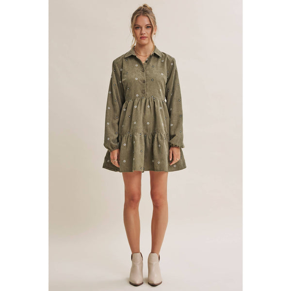 MEADOW MARKET ARTISAN DAISY EMBROIDERED CORDUROY MINI DRESS: OLIVE