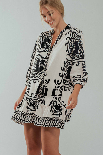 Floral Tassel Tie Tiered Dress: IVORY BLACK