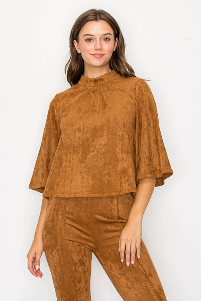 Bell sleeve camel suede top  