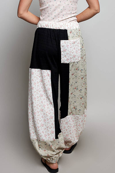 Boho Elastic Waistband Patchwork Balloon Wide Leg Pants :BLACK MULTI