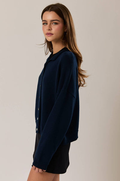 ROUND ROLLED HEMLINE DETAIL THIN SWEATER CARDIGAN: NAVY