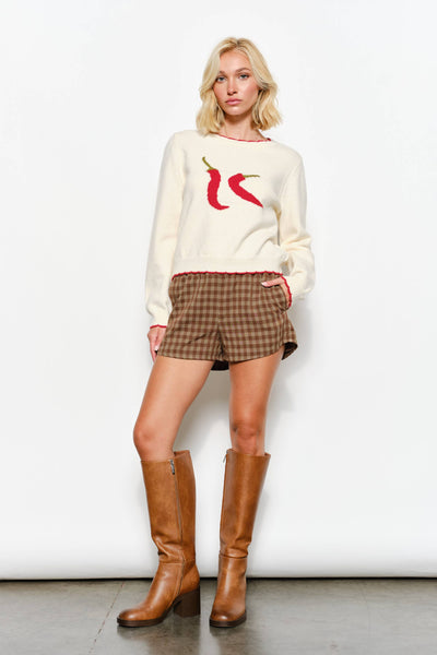 CARLY CHILI PRINT SWEATER - Cozy, Playful, Fun, Knit: Ivory