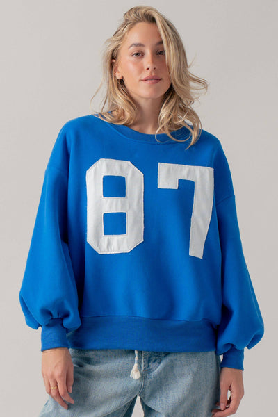 "87" Graphic Balloon Sleeve Oversized Sweatshirt: Blue