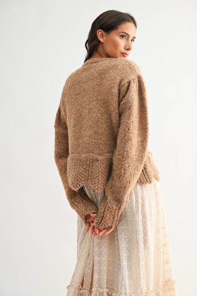 TEXTURED WOOL-BLEND CARDIGAN WITH SCALLOPED HEM: 2TONE MOCHA