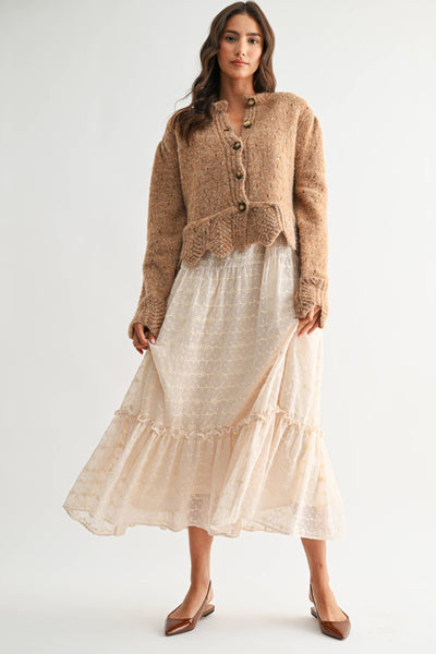 TEXTURED WOOL-BLEND CARDIGAN WITH SCALLOPED HEM: 2TONE MOCHA