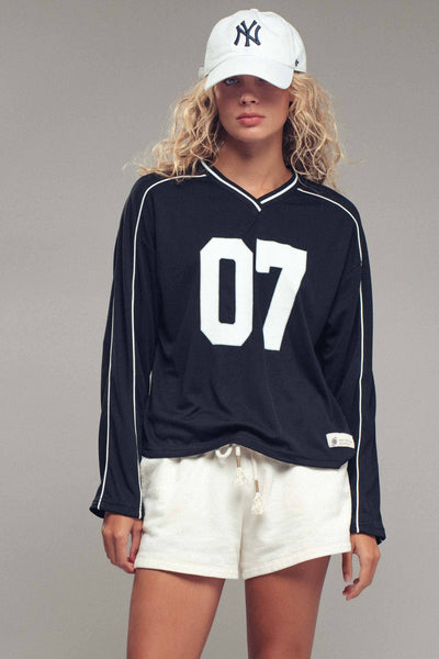 Varsity 07 Graphic V-Neck Jersey Top: Navy