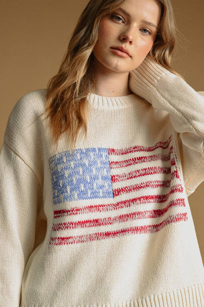 AMERICAN FLAG ROUND NECK SWEATER TOP: BEIGE