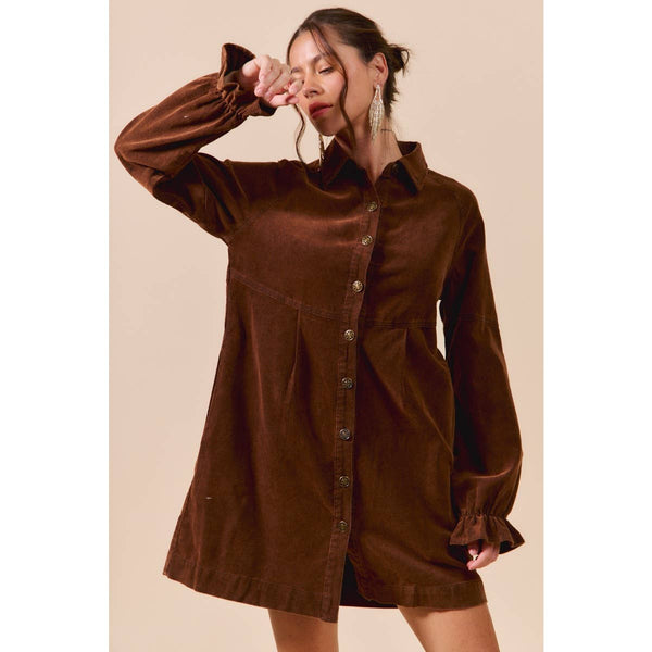 WASHED CORDUROY BUTTON DOWN SHIRT MINI DRESS: BROWN