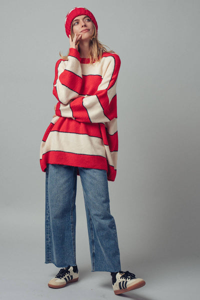 Oversized Rugby Stripe Knit Sweater: Red