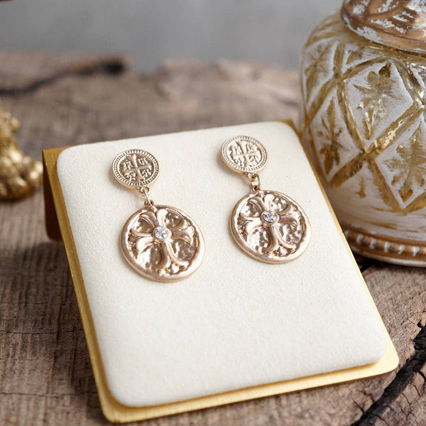 Faith & Relic – Cross Coin Dangle Earrings in Worn Gold or Silver: Silver