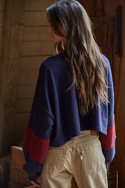 Knit Cotton Striped Cropped Pullover Top: Navy Burgundy