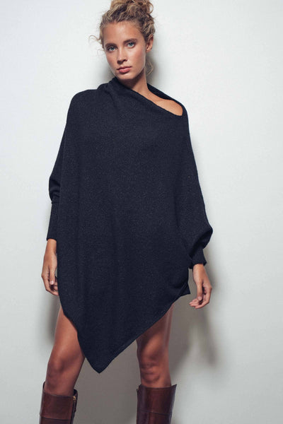 Shimmer Asymmetric Hem Knit Poncho: Brown