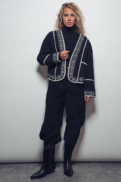 Boho Embroidered Quilted Western Cropped Jacket: BLACK IVORY / S-2/M-2/L-2