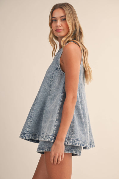 IST6095 DENIM LONGLINE SLEEVELESS TOP AND SHORTS SET: LT DENIM / S