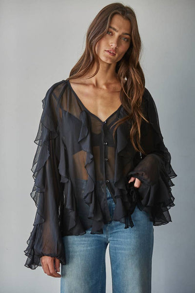 Woven Polyester Ruffled V-Neck Button Down Top: Black