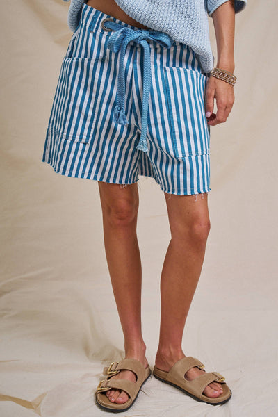Striped High-Rise Denim Shorts: RED