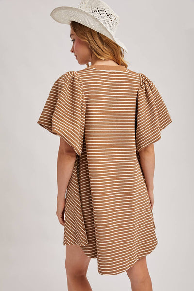 PUFF SLEEVES BILLOWY SILHOUETTE STRIPED DRESS: LATTE