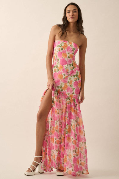 Strapless Asymmetric-Seam Floral Woven Maxi Dress: Off White-Pink