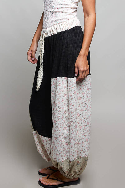 Boho Elastic Waistband Patchwork Balloon Wide Leg Pants :BLACK MULTI