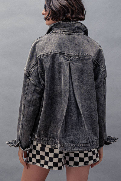 Oversized Button Up Pleated Back Western Jacket: Black