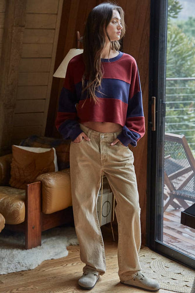 Knit Cotton Striped Cropped Pullover Top: Navy Burgundy