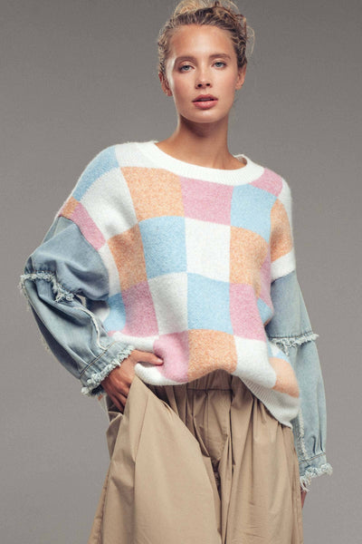 Checkered Knit with Denim Sleeves Crewneck Sweater: PINK COMBO