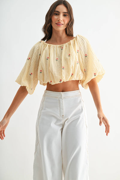 CJT27076 Off-Shoulder Floral Embroidered Blouse: LT.YELLOW / S-M-L (3-2-1)